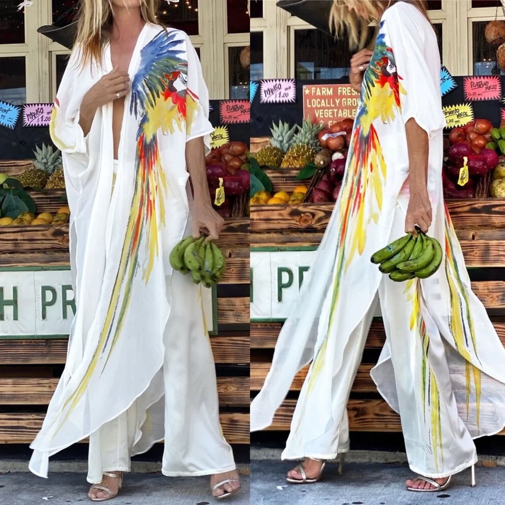 🌴 BOHO TROPICAL MULTI LOOSE FIT TUNIC TOP/CAPE + PANTS! - Picture 1 of 5